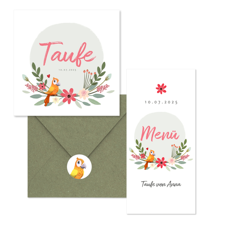 Taufe - Papagei & Blumen