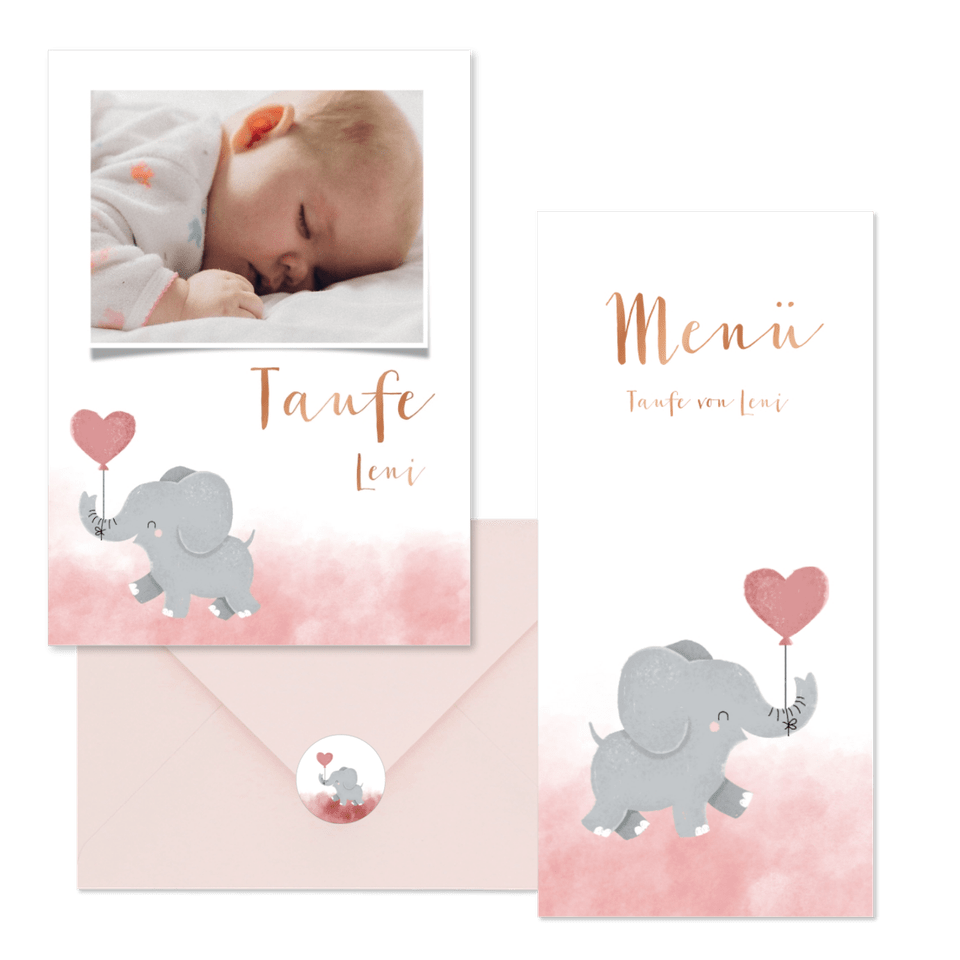 Taufe - Elefant mit Luftballon rosa