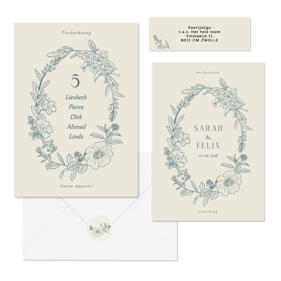 Hochzeitskartenset klassischer Blumenkranz in Blau