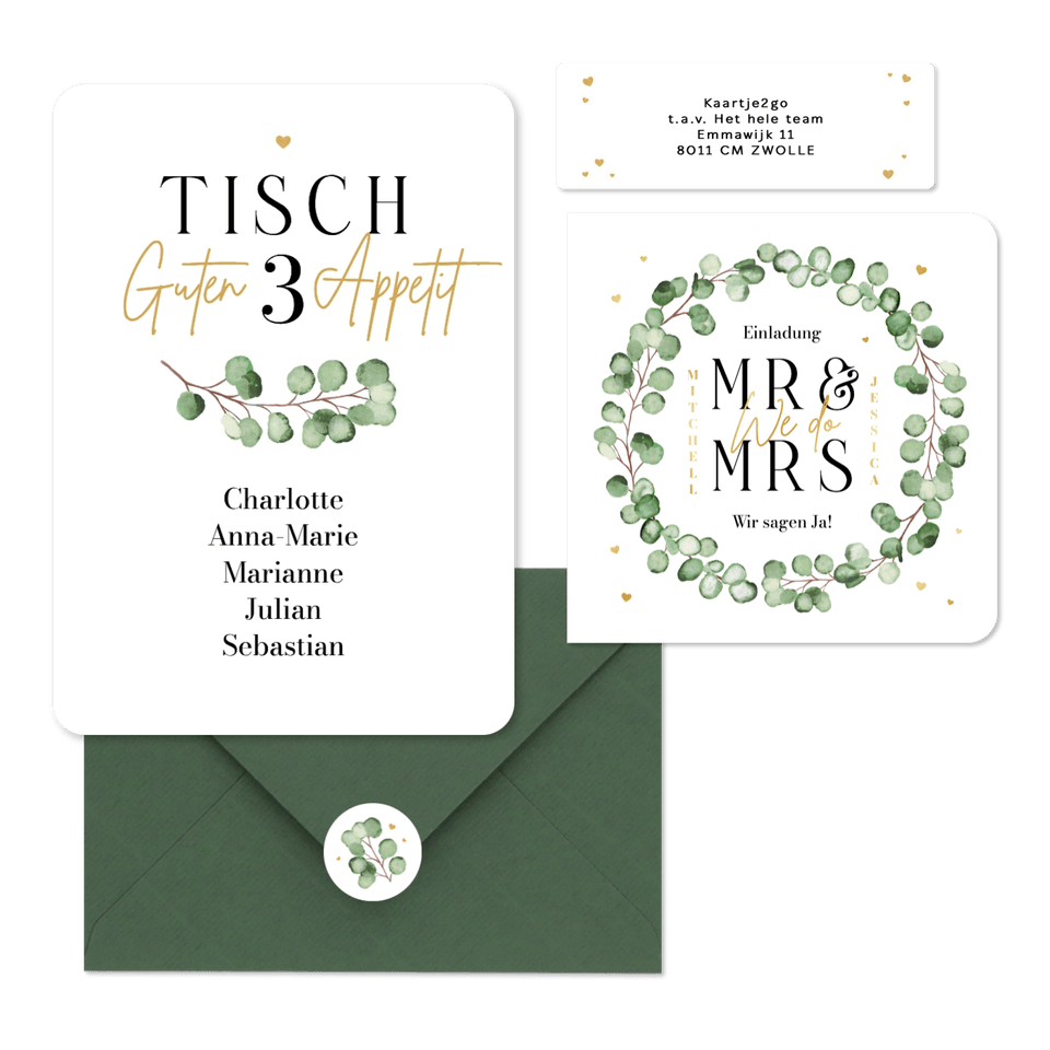 Hochzeitskartenset Eukalyptuszweige mit goldenen Herzchen