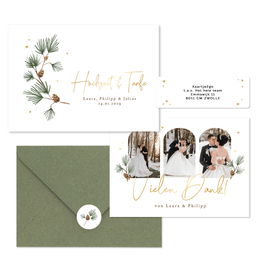 Hochzeitskartenset schlicht Winter Tannenzweige und Zapfen