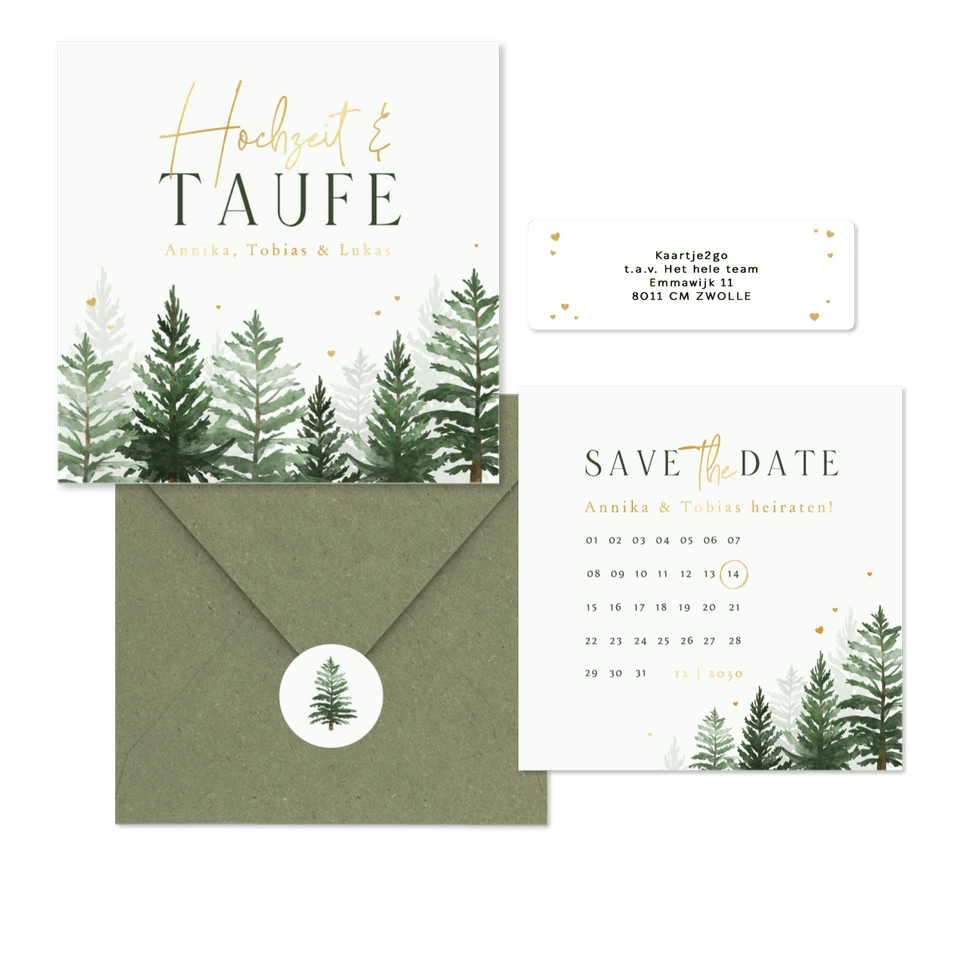 Winterhochzeit Kartenset Tannenbäume in Aquarell auf Hellgrün