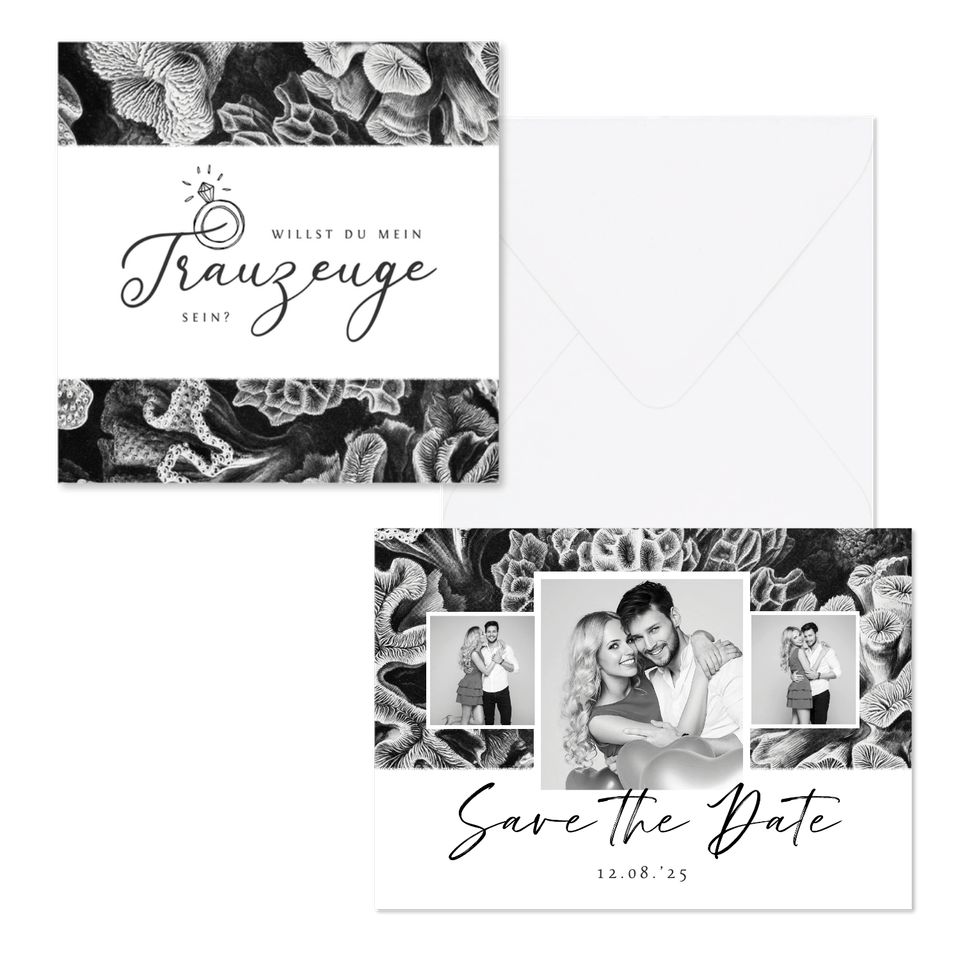 Hochzeitskartenset Korallen in Schwar-Weiß