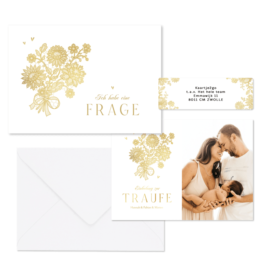 Hochzeitskartenset goldene Blumenspitze auf Weiß