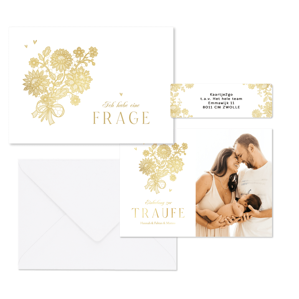 Hochzeitskartenset goldene Blumenspitze auf Weiß