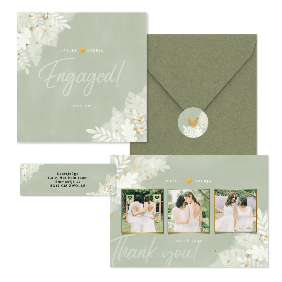 Hochzeitskartenset weiße Zweige auf grünem Aquarell