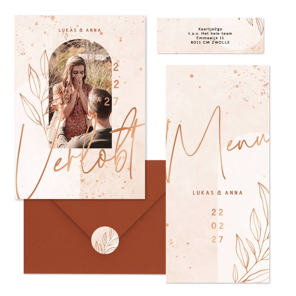 Hochzeitskartenset filigraner Zweig auf Rosé