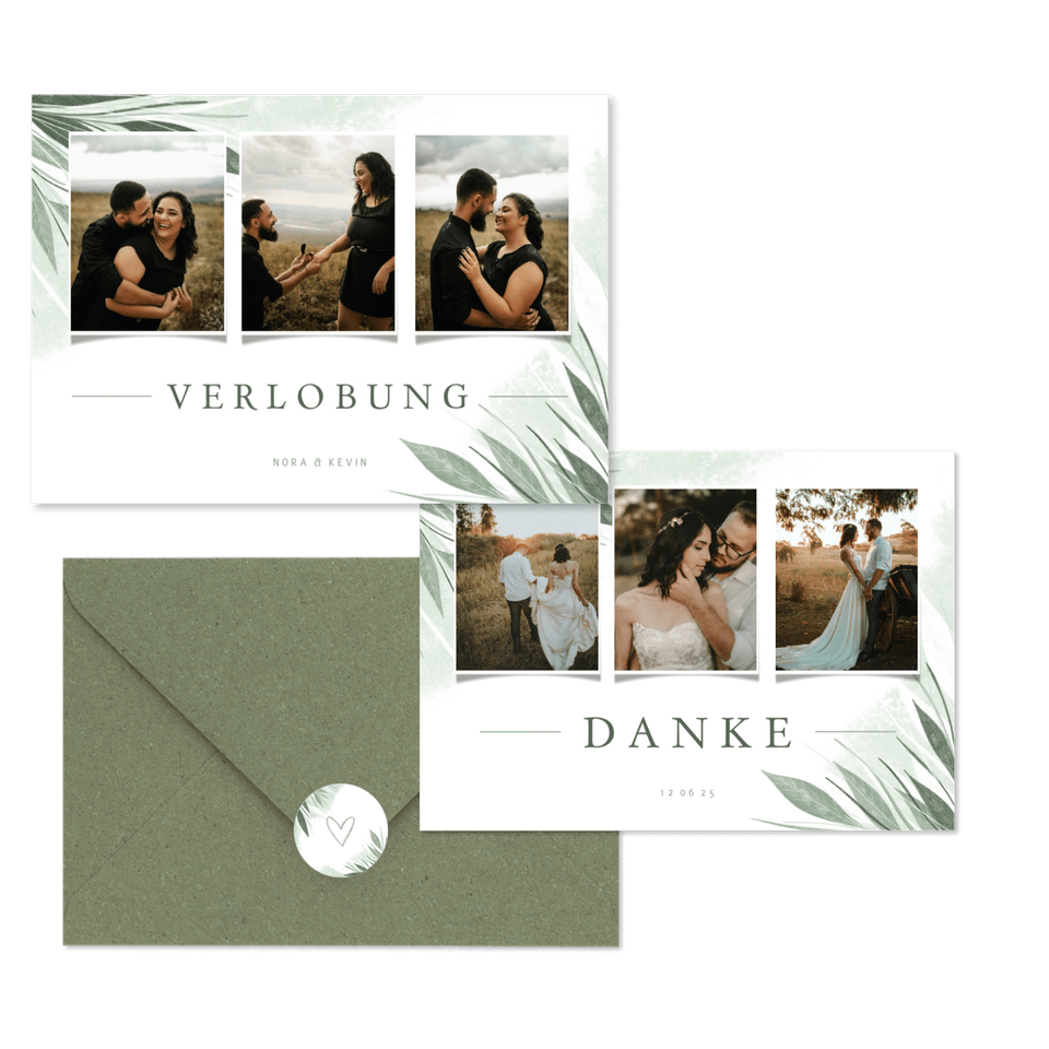 Hochzeitskartenset Zierliche Blätter Mintgrün