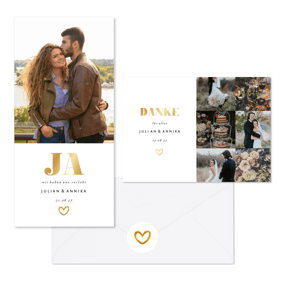 Hochzeitskarten simpel Goldlook mit Fotos