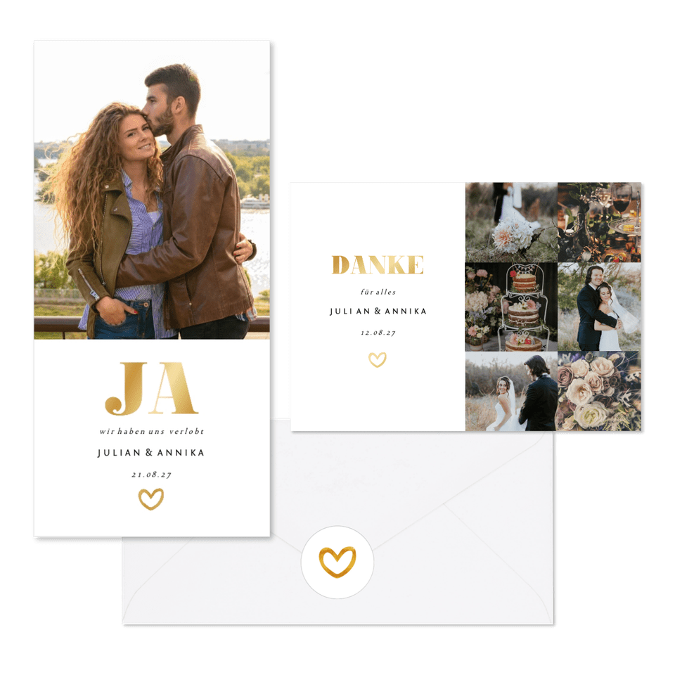 Hochzeitskarten simpel Goldlook mit Fotos