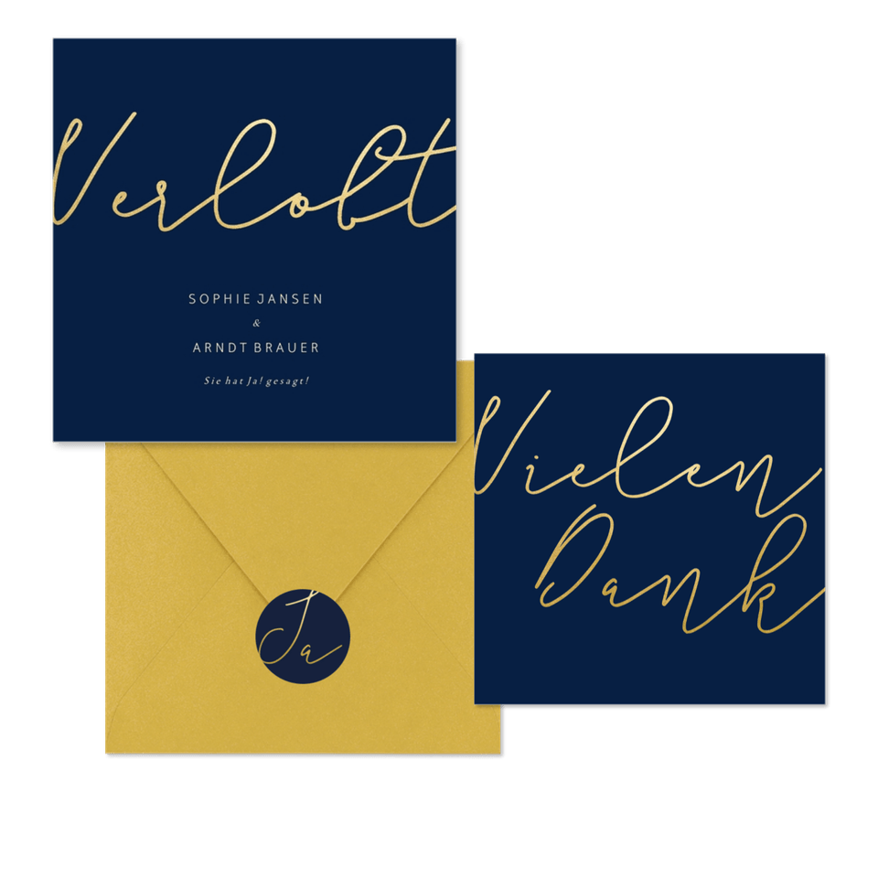 Hochzeitskartenset einfache Goldschrift auf Dunkelblau