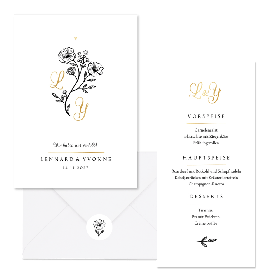Hochzeitskartenset Blumenillustration schwarz-weiß