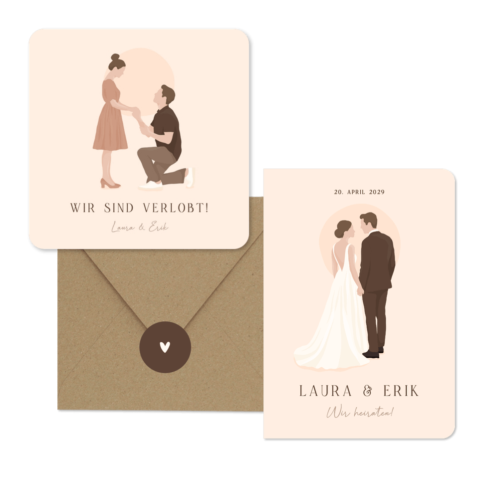 Hochzeitskartenset Illustrationen Brautpaar auf Beige