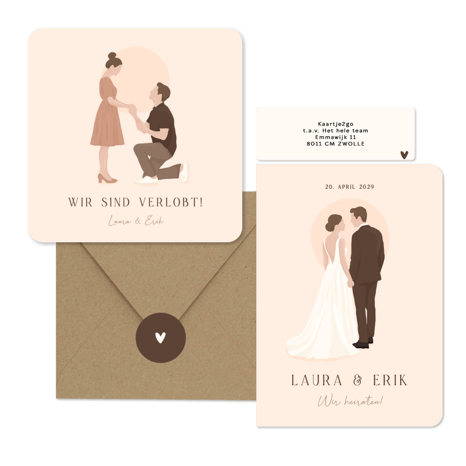 Hochzeitskartenset Illustrationen Brautpaar auf Beige