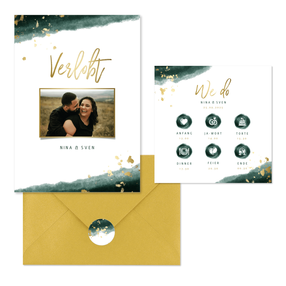 Hochzeitskartenset modernes Aquarell in Dunkelgrün