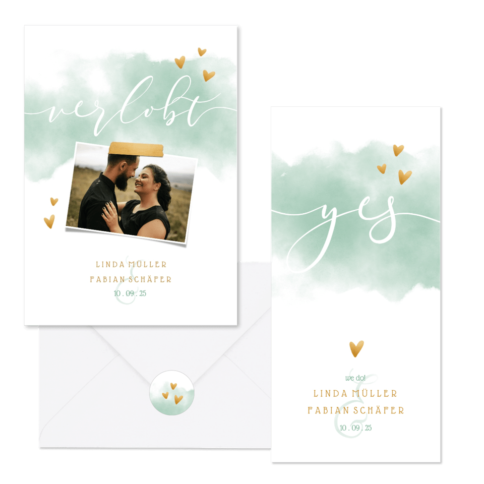 Hochzeitskartenset mintgrün Aquarell mit Herzen