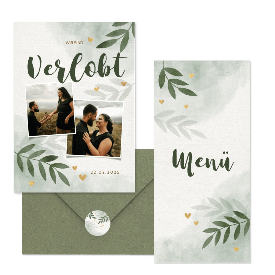 Hochzeitskartenset Botanical Wasserfarbe mit Goldherzchen