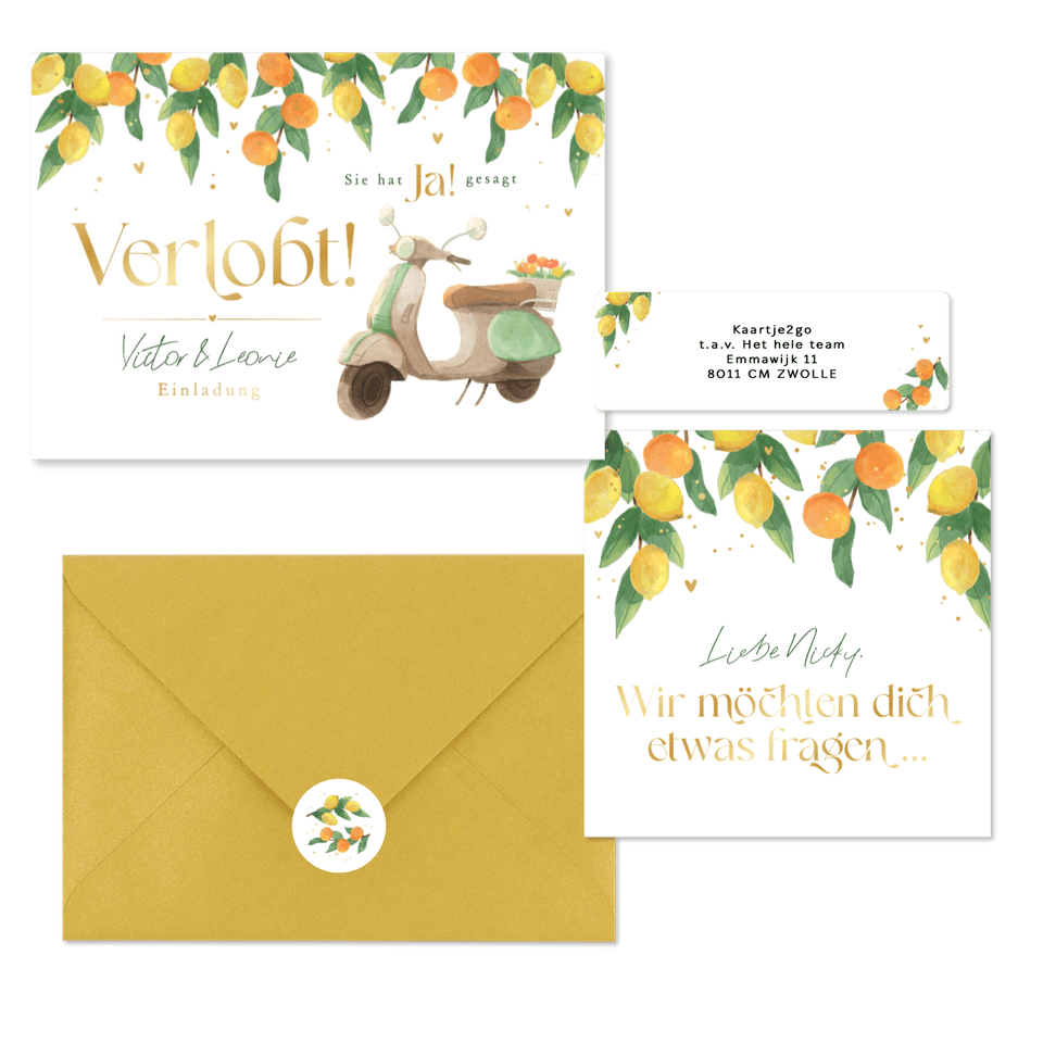 Hochzeitskartenset Zitruszweige mit Zitronen und Orangen