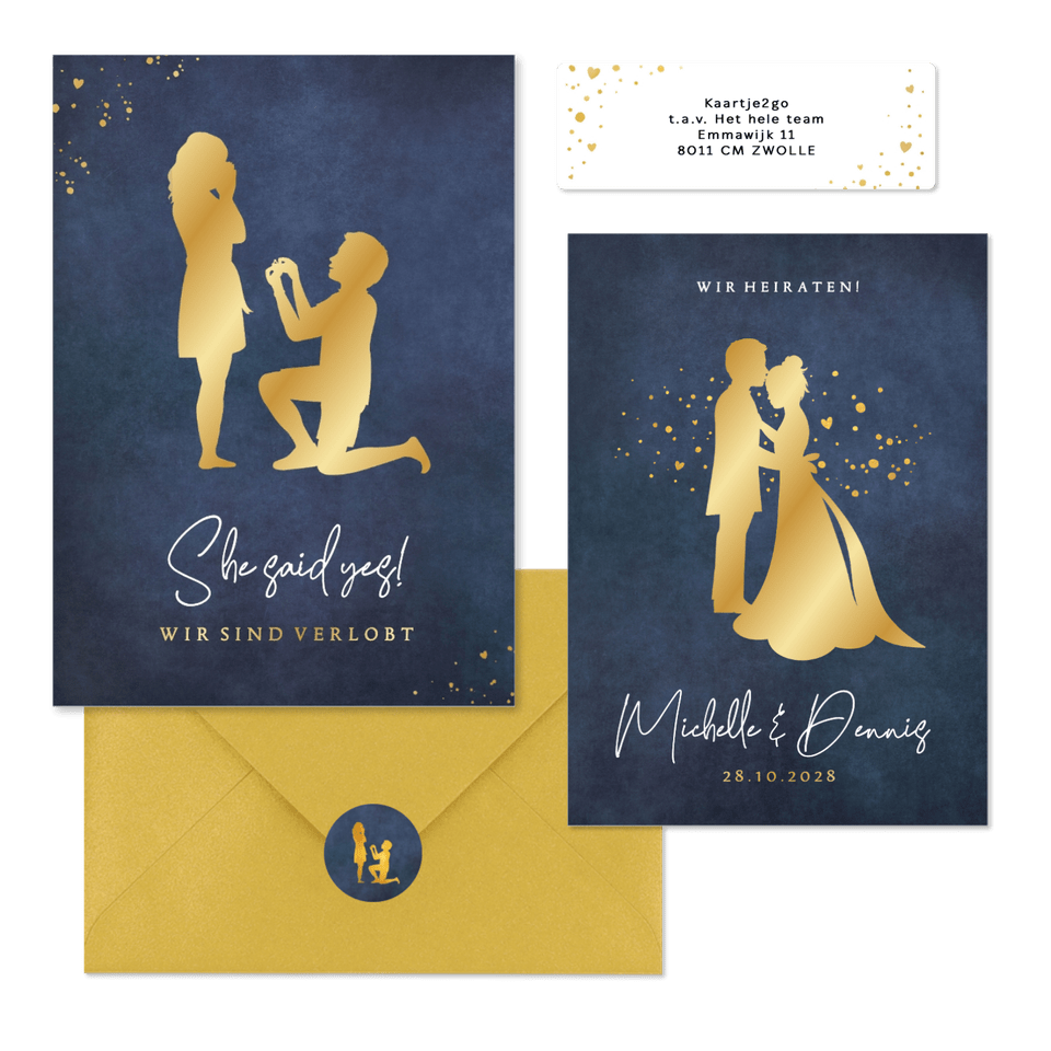 Hochzeitskartenset Goldener Scherenschnitt auf Dunkelblau