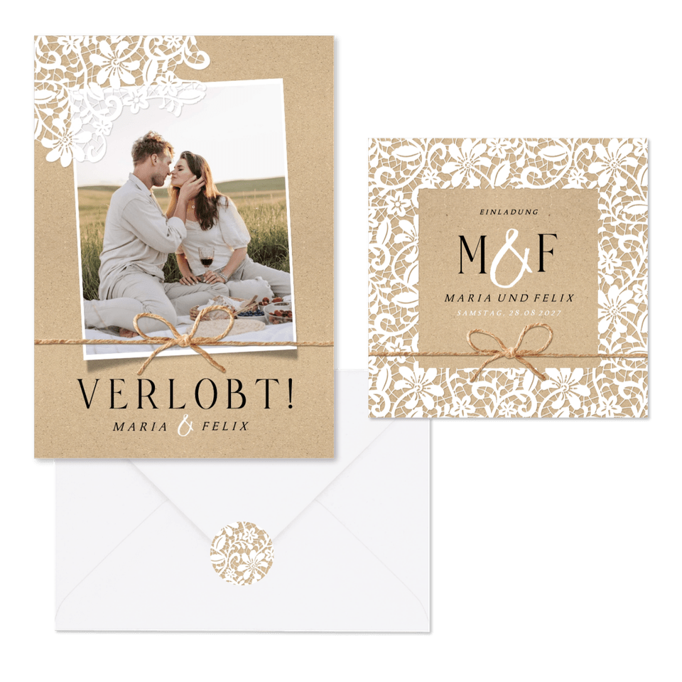Hochzeitskartenset mit romantischer Spitze auf Kraftpapier