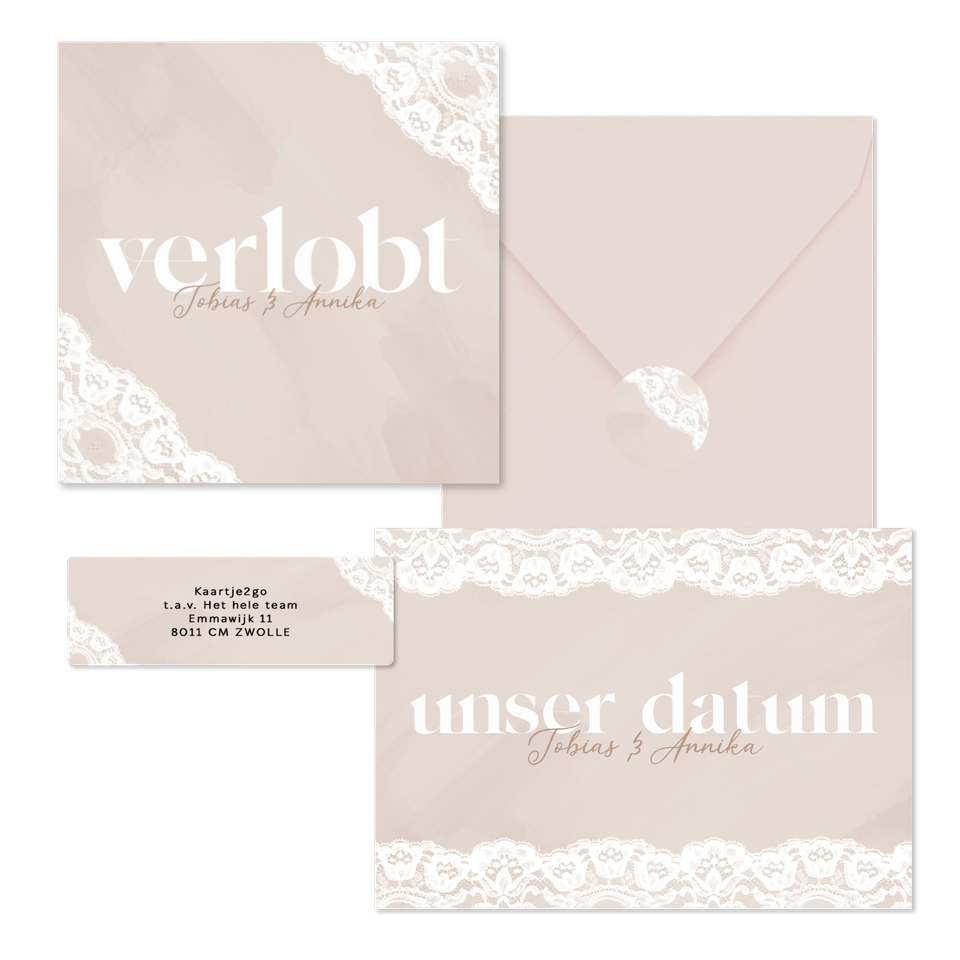 Hochzeitskartenset Spitzendekor auf Altrosa