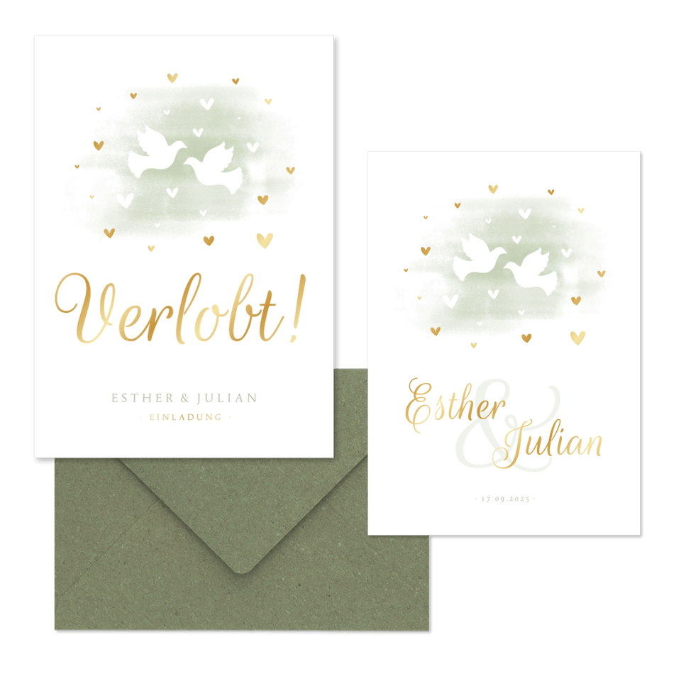 Hochzeitskartenset weiße Tauben auf mintgrünem Aquarell