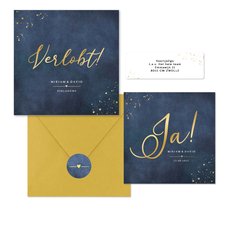 Hochzeitskartenset schlicht Gold auf Dunkelblau