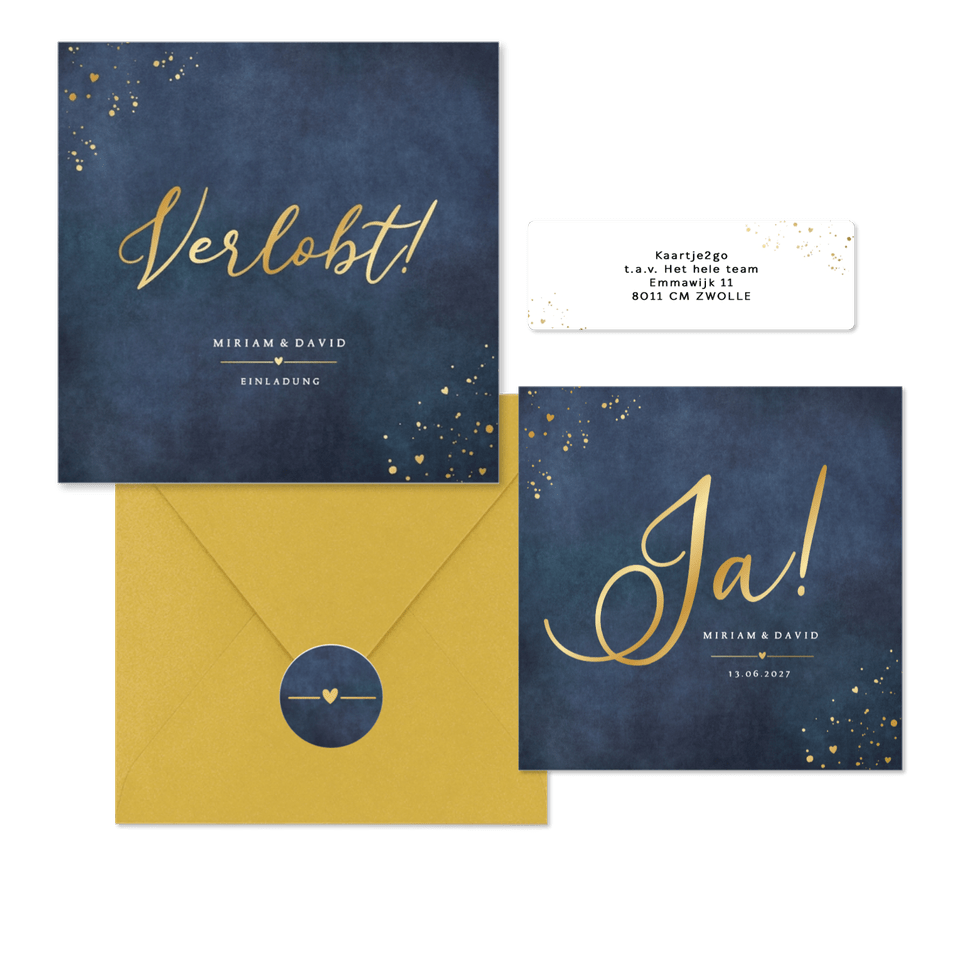 Hochzeitskartenset schlicht Gold auf Dunkelblau