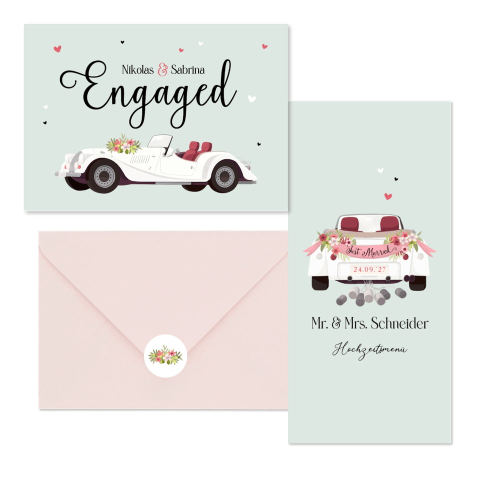 Hochzeitskartenset Oldtimer Auto mintgrün