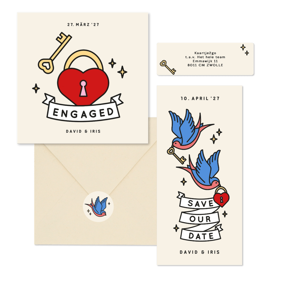 Hochzeitskartenset im Tattoolook Herz und Schwalben