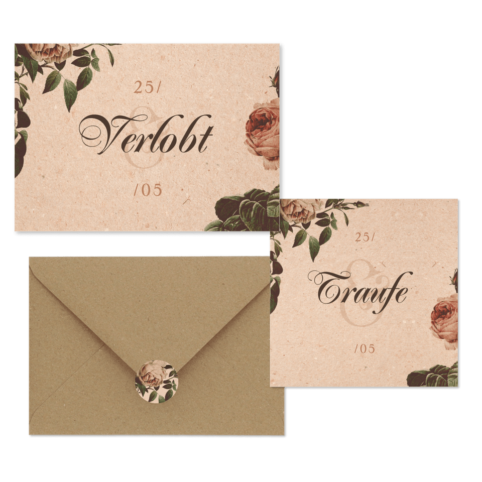 Hochzeitskartenset Vintage Rosen auf Papierstruktur