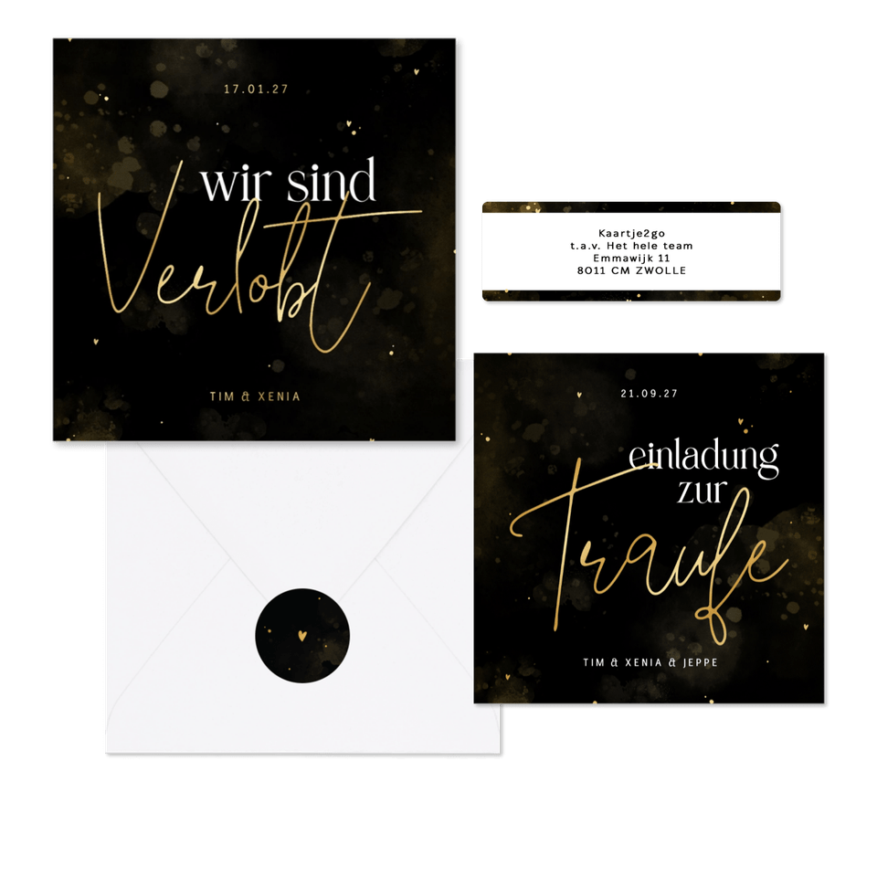 Hochzeitskartenset Typografie schwarz-gold