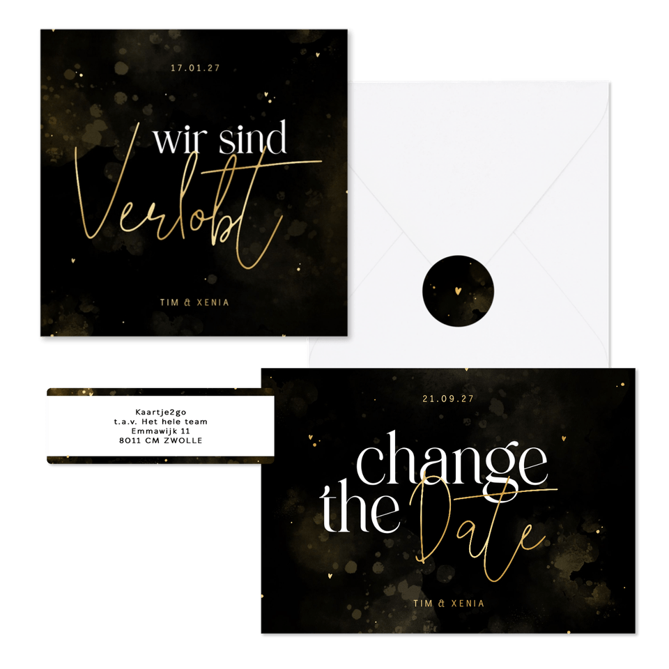 Hochzeitskartenset Typografie schwarz-gold