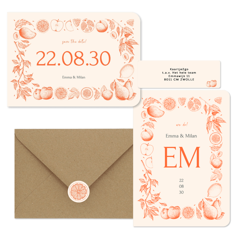 Hochzeit - Früchte in feinen Linienzeichnungen orange