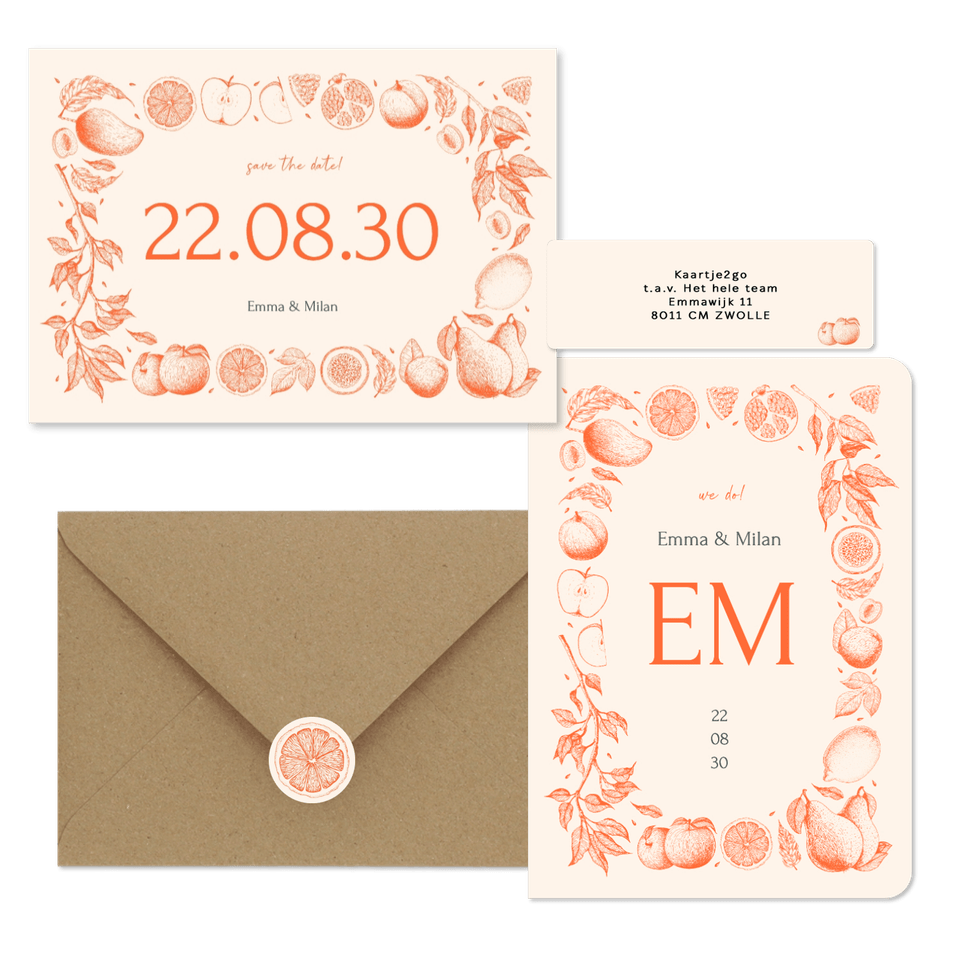 Hochzeit - Früchte in feinen Linienzeichnungen orange