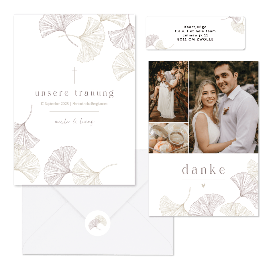 Schlichtes Hochzeitskartenset mit feinen Ginkgoblättern