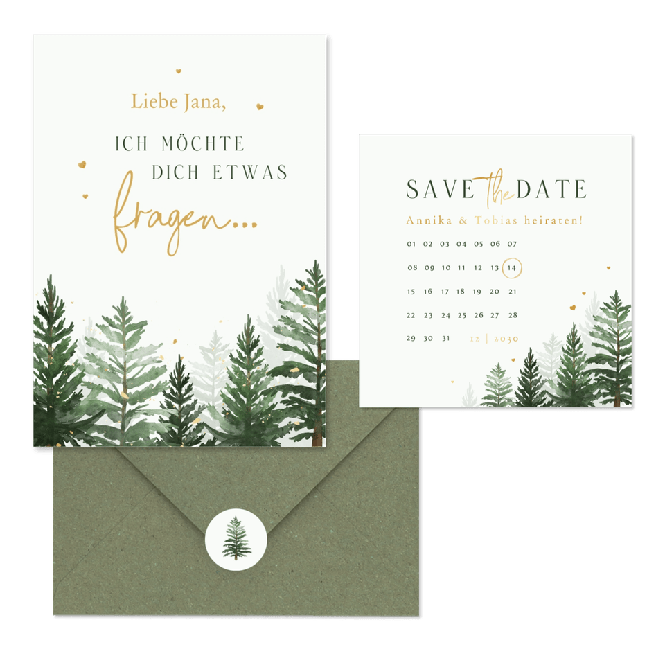 Winterhochzeit Kartenset Tannenbäume in Aquarell auf Hellgrün