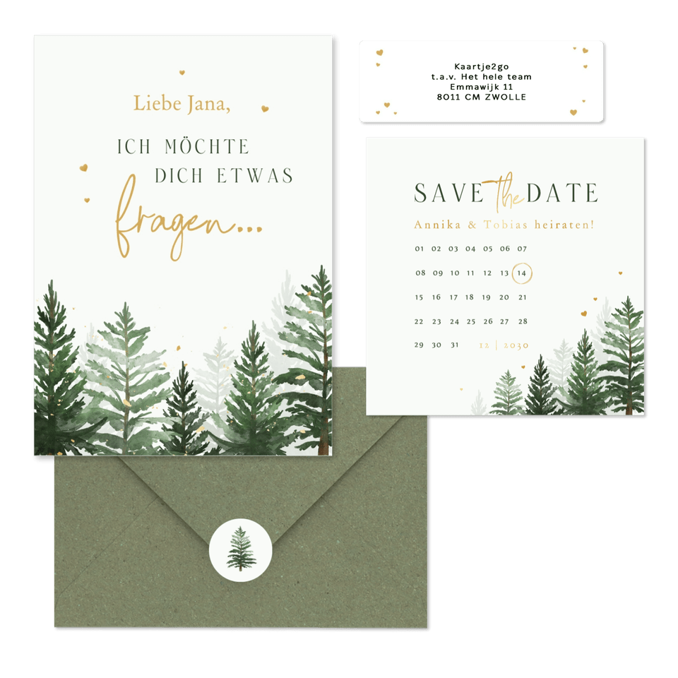 Winterhochzeit Kartenset Tannenbäume in Aquarell auf Hellgrün