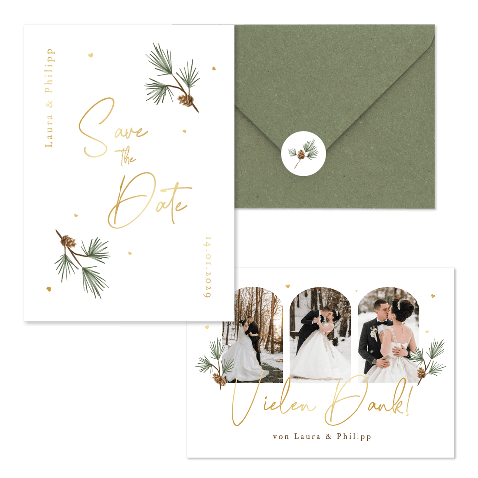 Hochzeitskartenset schlicht Winter Tannenzweige und Zapfen