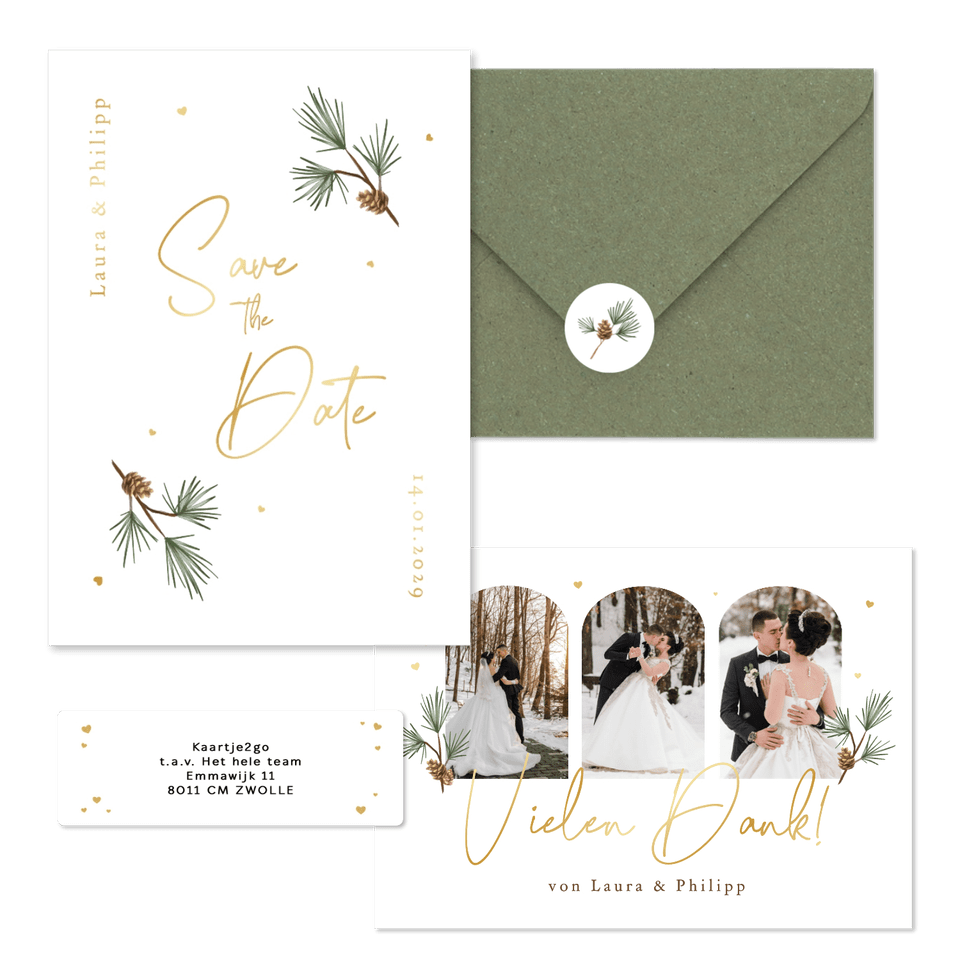 Hochzeitskartenset schlicht Winter Tannenzweige und Zapfen