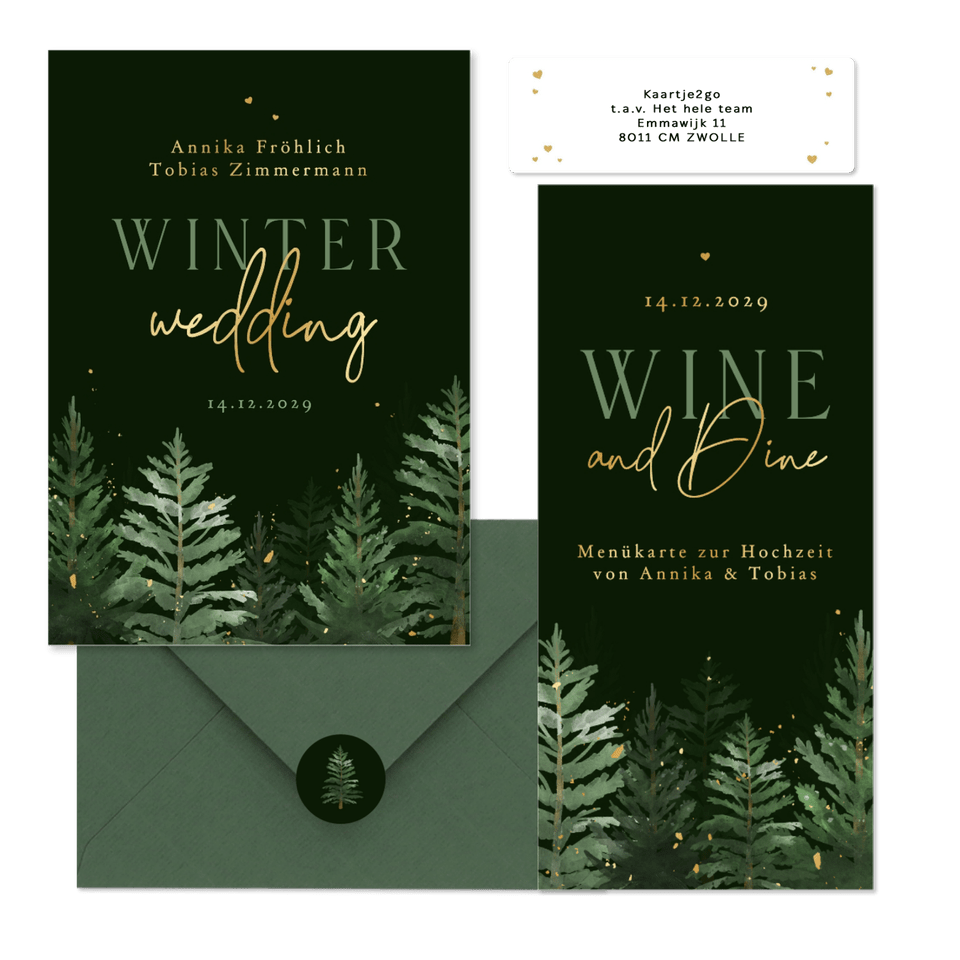 Hochzeitskarten Winterset Tannenbäume in Aquarell auf Dunkelgrün