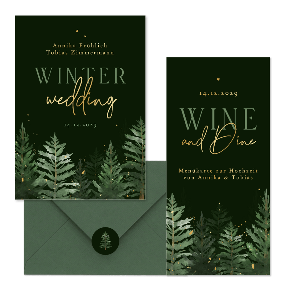 Hochzeitskarten Winterset Tannenbäume in Aquarell auf Dunkelgrün